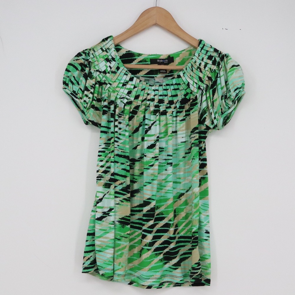 Style & Co Blouse Womens PM Petite Abstract Green Pleated Scoop Neck Excellent